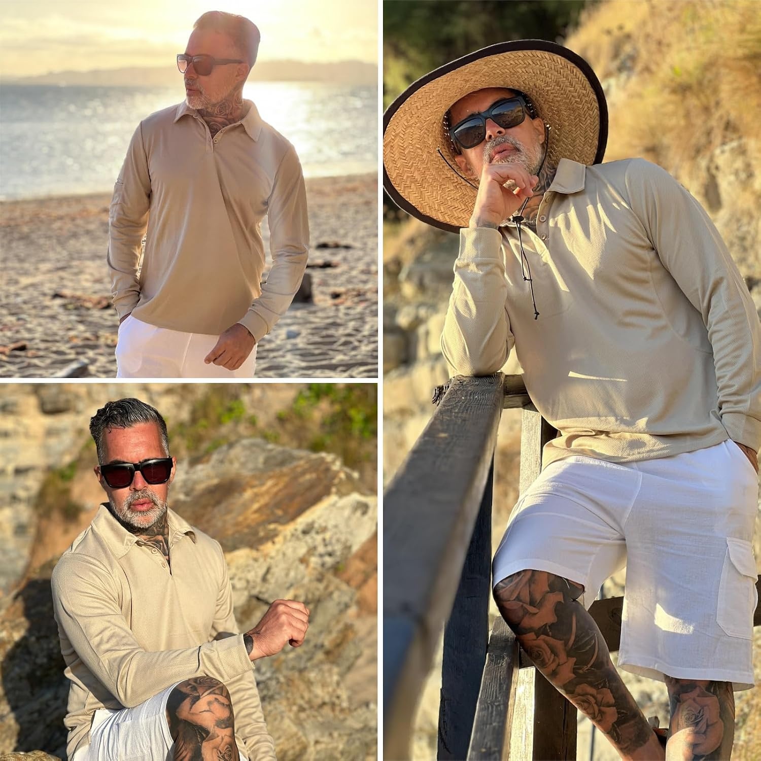 image:imageDeyeek Mens Long Sleeve Polo Shirts Quick Dry Golf Polo for MenKhaki