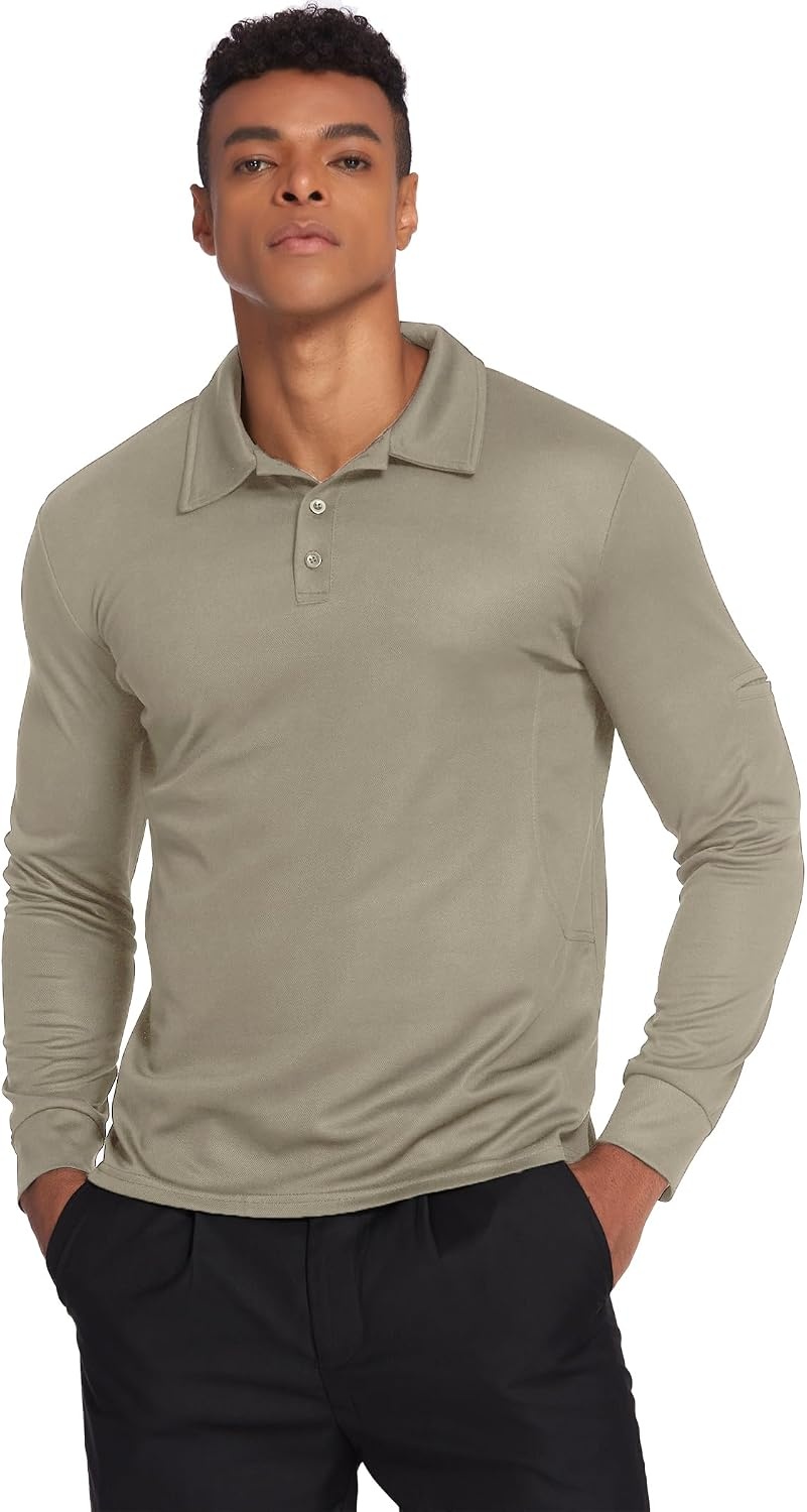 image:imageDeyeek Mens Long Sleeve Polo Shirts Quick Dry Golf Polo for MenKhaki