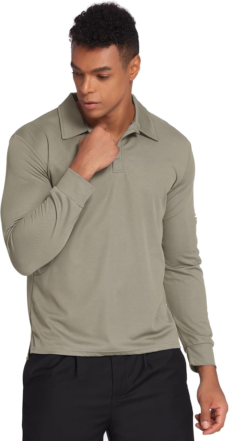 image:imageDeyeek Mens Long Sleeve Polo Shirts Quick Dry Golf Polo for MenKhaki