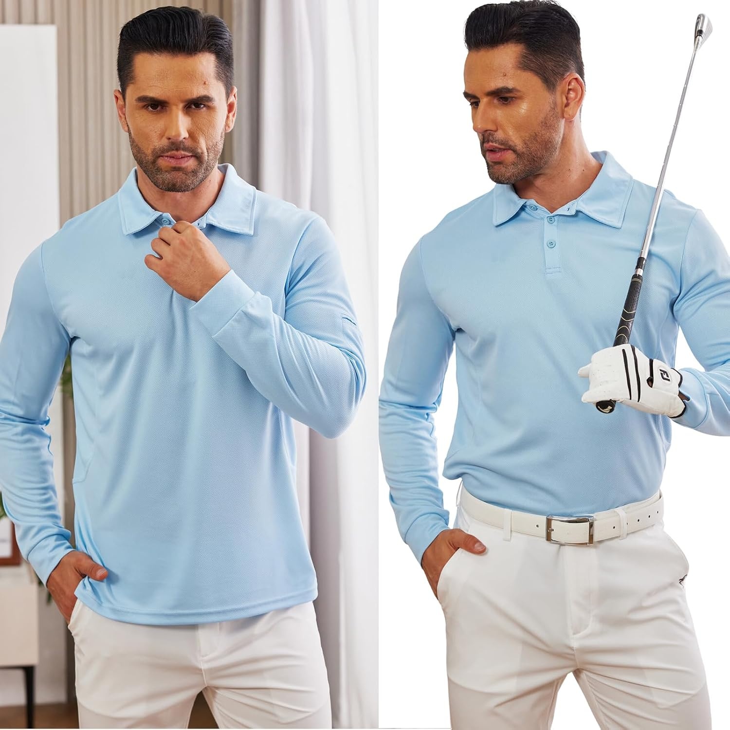 image:imageDeyeek Mens Long Sleeve Polo Shirts Quick Dry Golf Polo for MenLight Blue