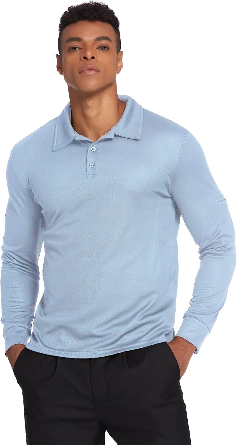 image:imageDeyeek Mens Long Sleeve Polo Shirts Quick Dry Golf Polo for MenLight Blue