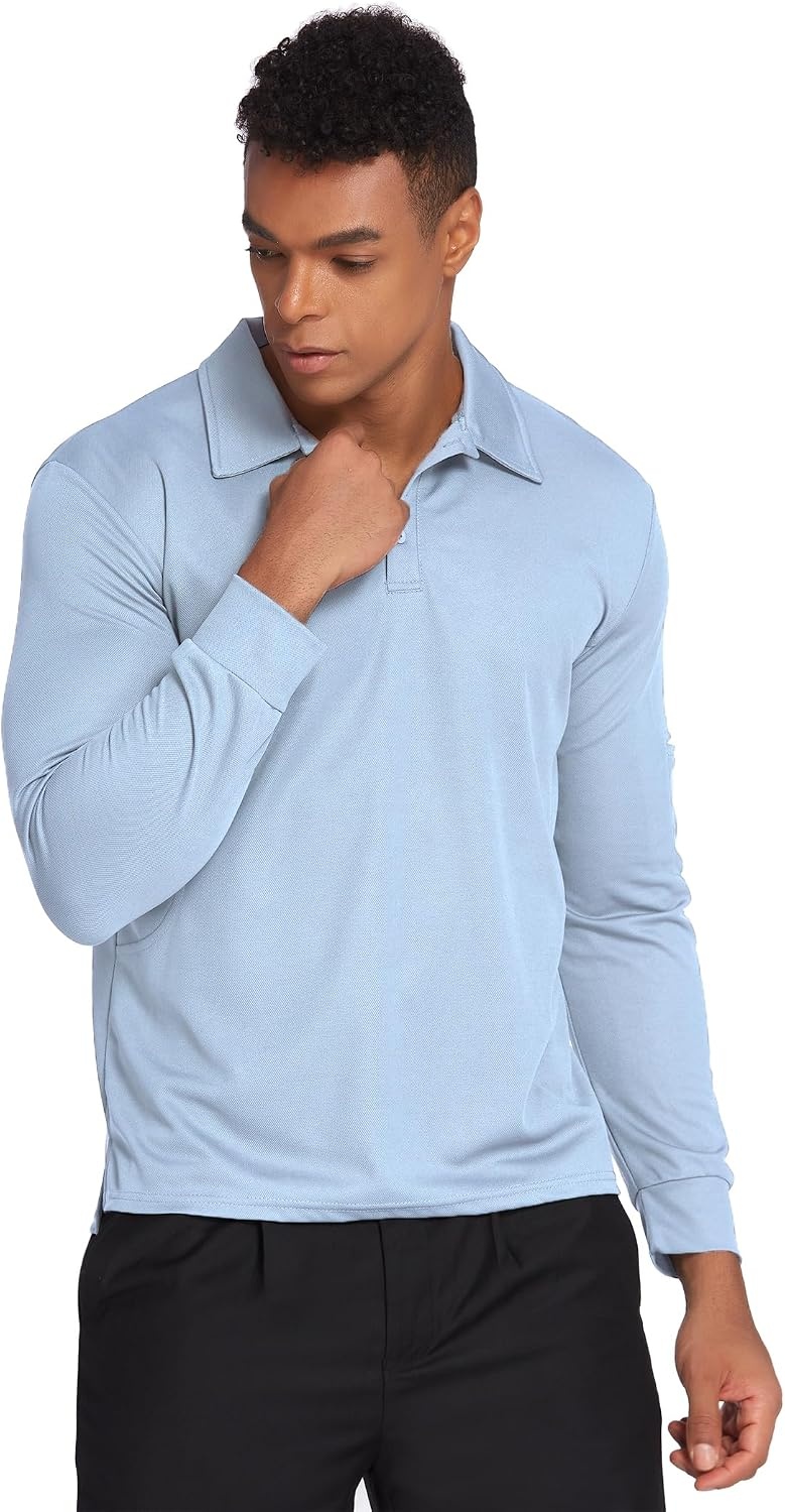 image:imageDeyeek Mens Long Sleeve Polo Shirts Quick Dry Golf Polo for MenLight Blue