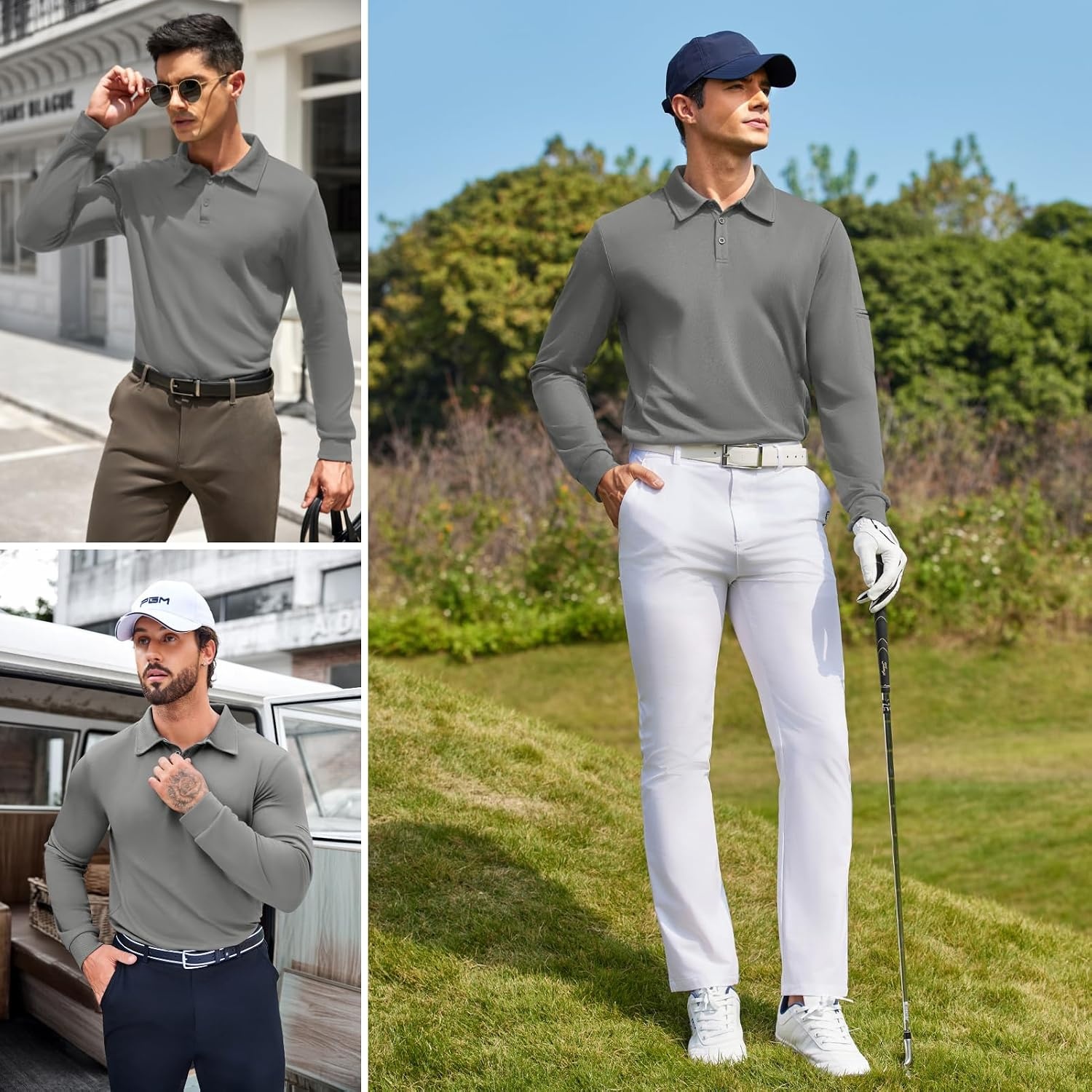 image:imageDeyeek Mens Long Sleeve Polo Shirts Quick Dry Golf Polo for MenLight Grey