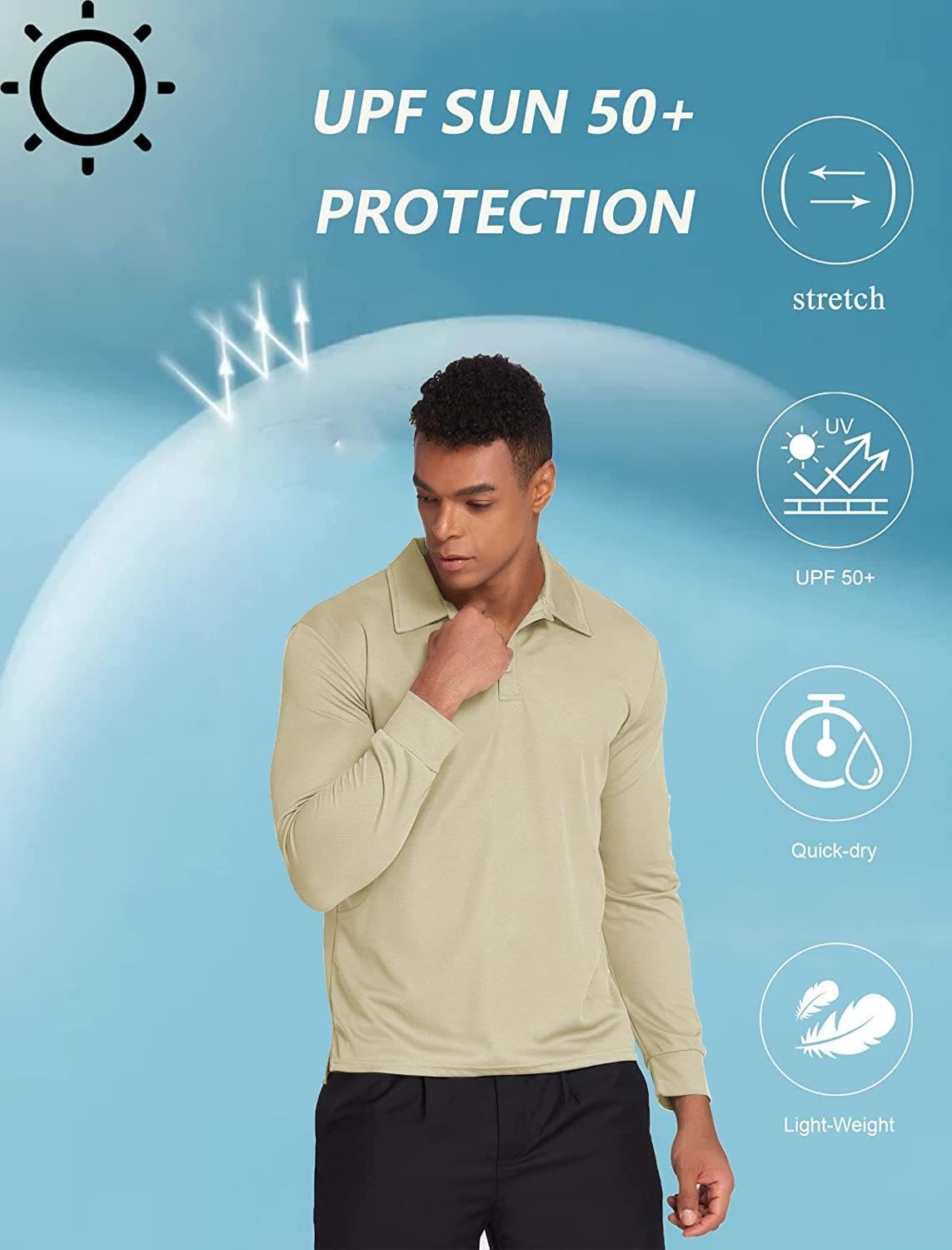 image:imageDeyeek Mens Long Sleeve Polo Shirts Quick Dry Golf Polo for MenLight Khaki