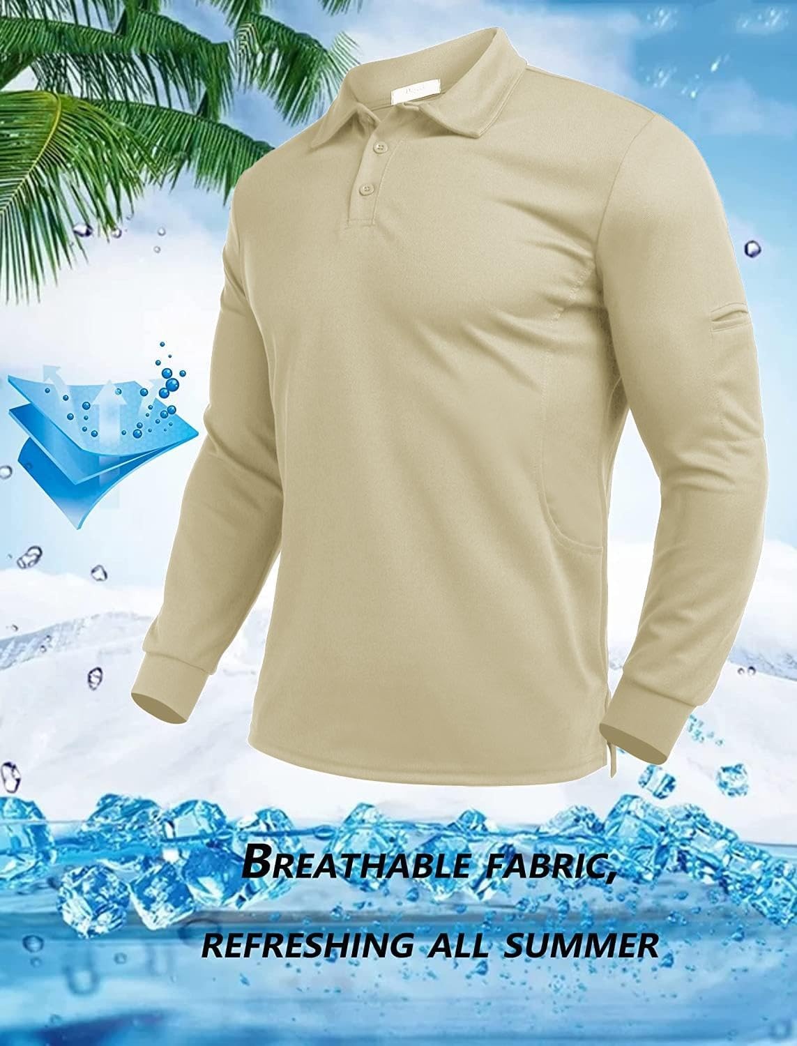 image:imageDeyeek Mens Long Sleeve Polo Shirts Quick Dry Golf Polo for MenLight Khaki