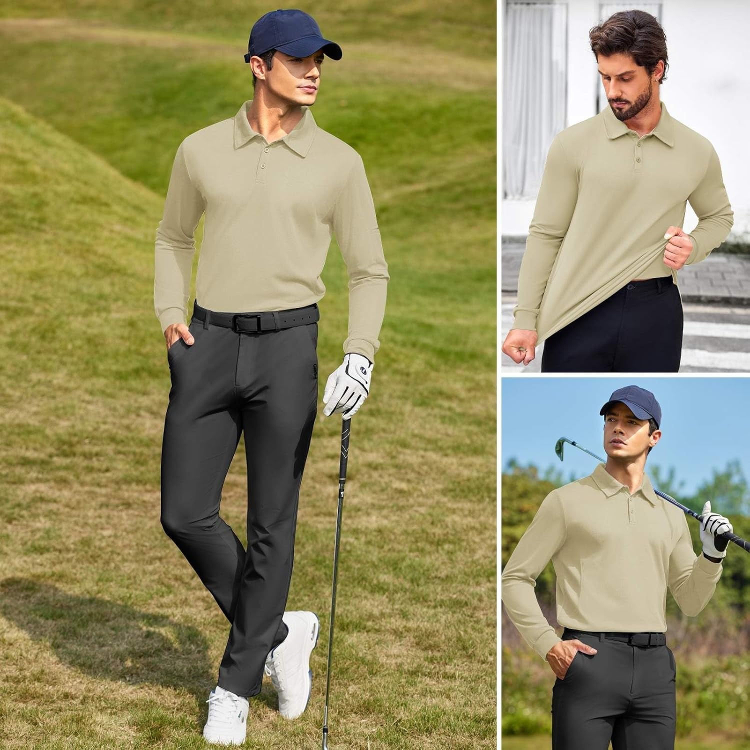 image:imageDeyeek Mens Long Sleeve Polo Shirts Quick Dry Golf Polo for MenLight Khaki