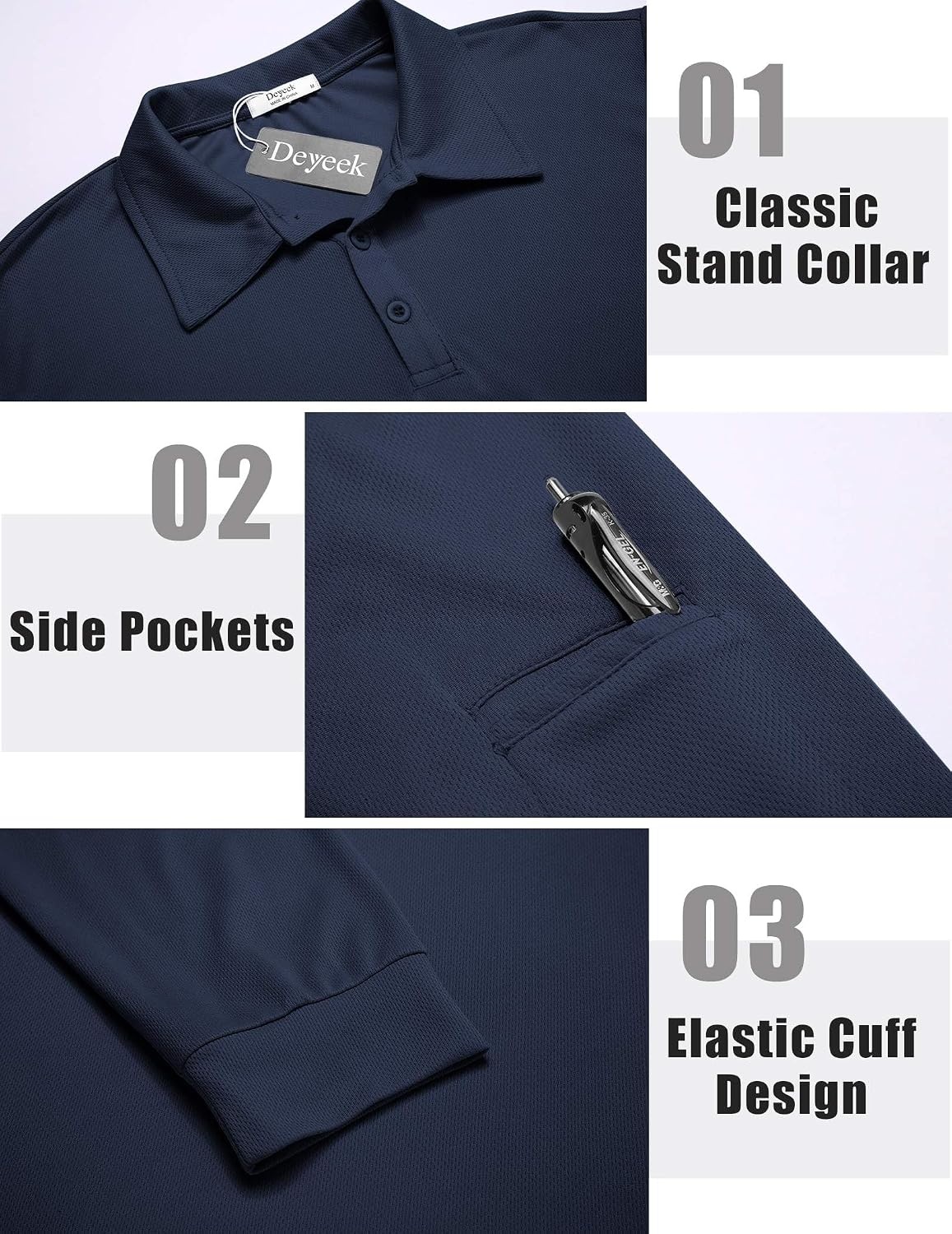image:imageDeyeek Mens Long Sleeve Polo Shirts Quick Dry Golf Polo for MenNavy