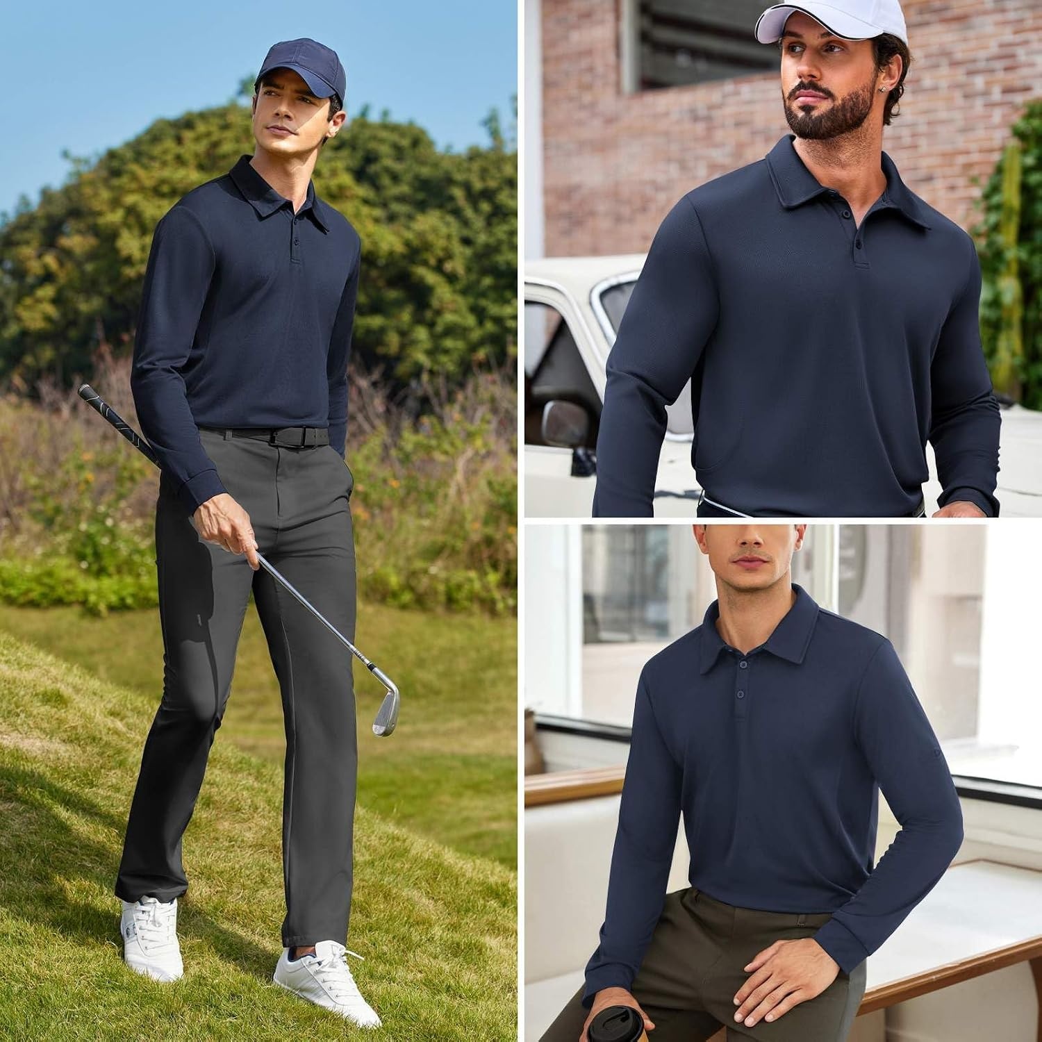 image:imageDeyeek Mens Long Sleeve Polo Shirts Quick Dry Golf Polo for MenNavy