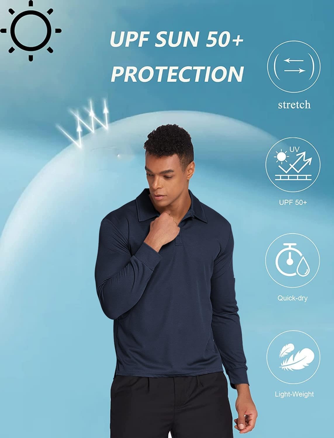 image:imageDeyeek Mens Long Sleeve Polo Shirts Quick Dry Golf Polo for MenNavy