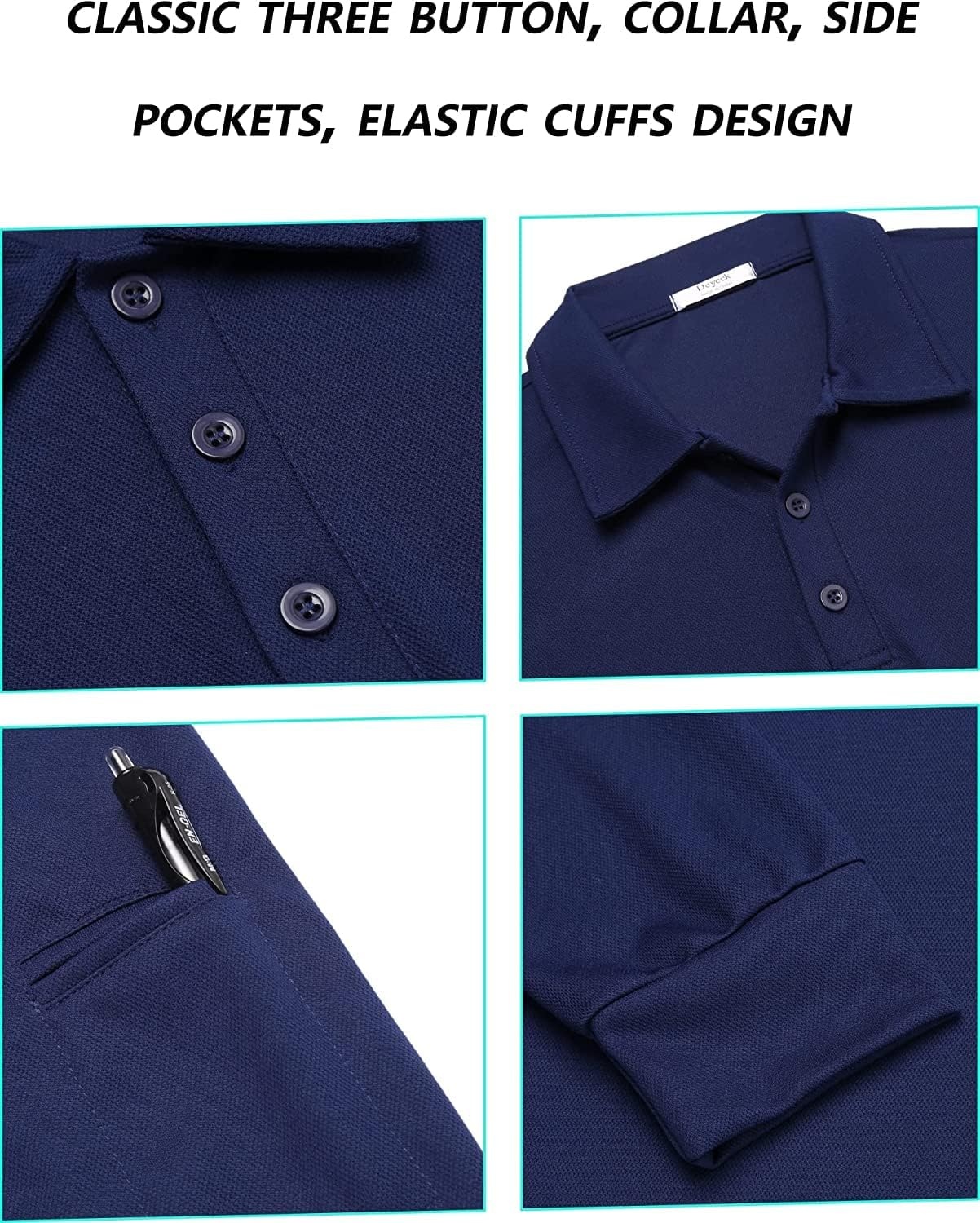 image:imageDeyeek Mens Long Sleeve Polo Shirts Quick Dry Golf Polo for MenNavy Blue
