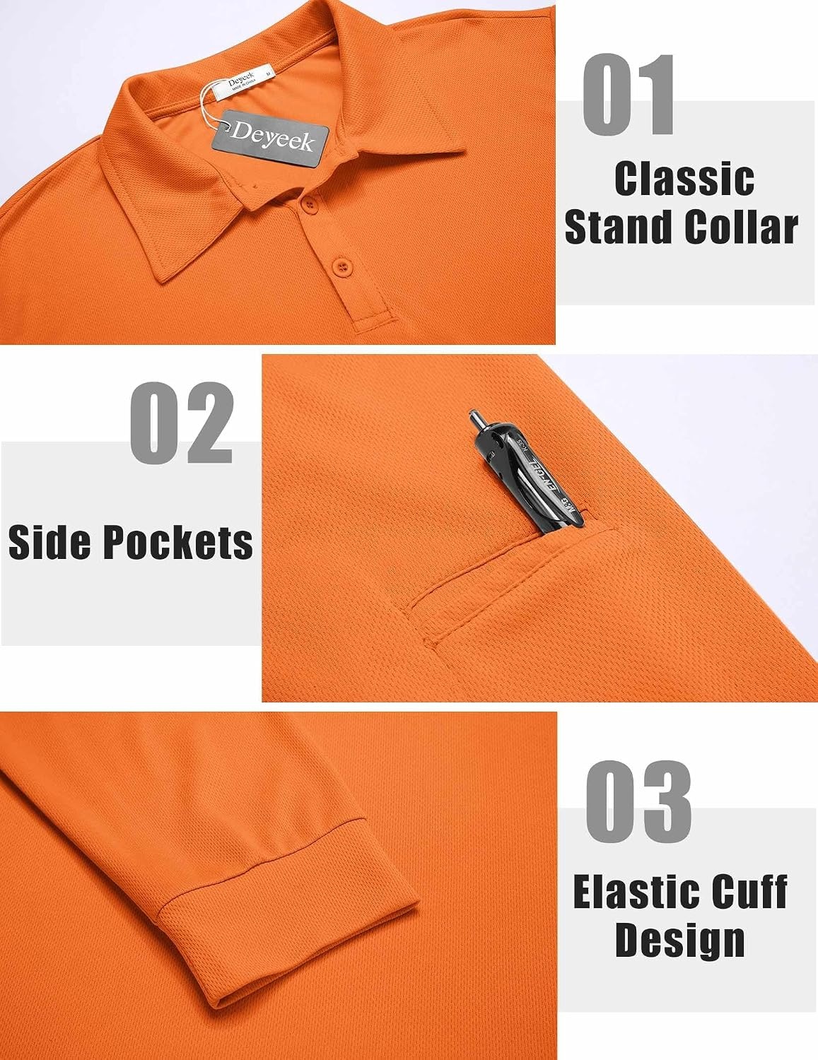image:imageDeyeek Mens Long Sleeve Polo Shirts Quick Dry Golf Polo for MenOrange