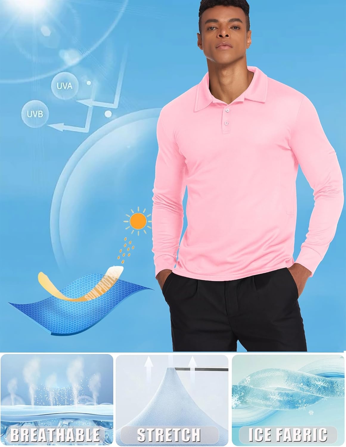 image:imageDeyeek Mens Long Sleeve Polo Shirts Quick Dry Golf Polo for MenPink