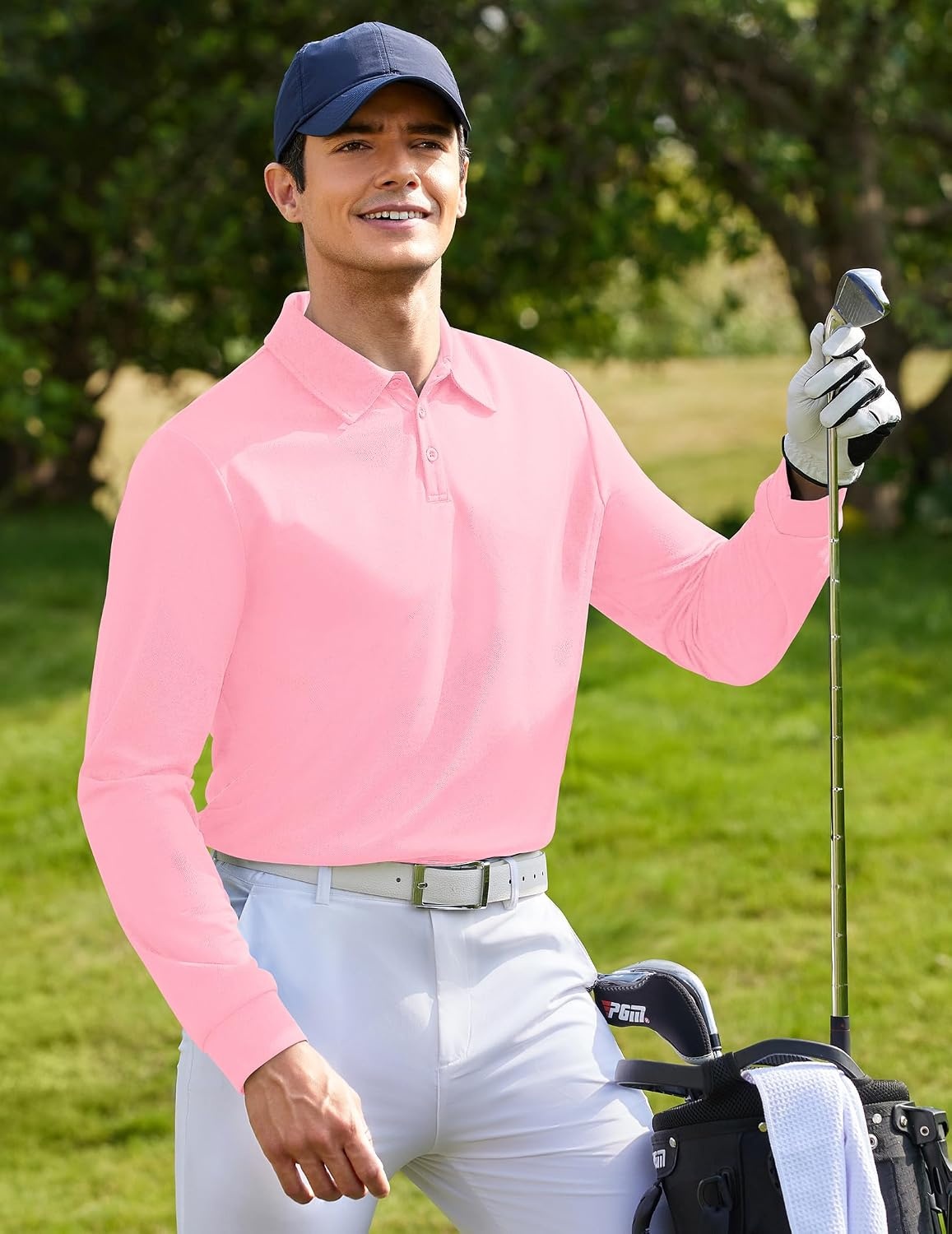 image:imageDeyeek Mens Long Sleeve Polo Shirts Quick Dry Golf Polo for MenPink