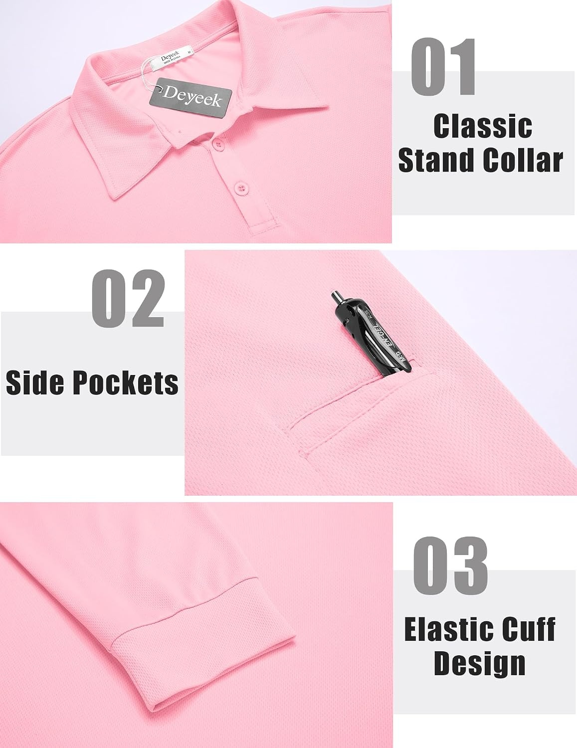image:imageDeyeek Mens Long Sleeve Polo Shirts Quick Dry Golf Polo for MenPink