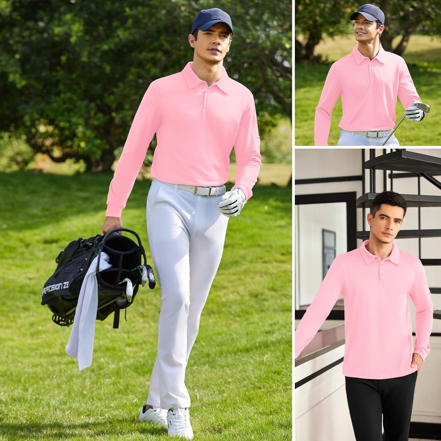 image:imageDeyeek Mens Long Sleeve Polo Shirts Quick Dry Golf Polo for MenPink