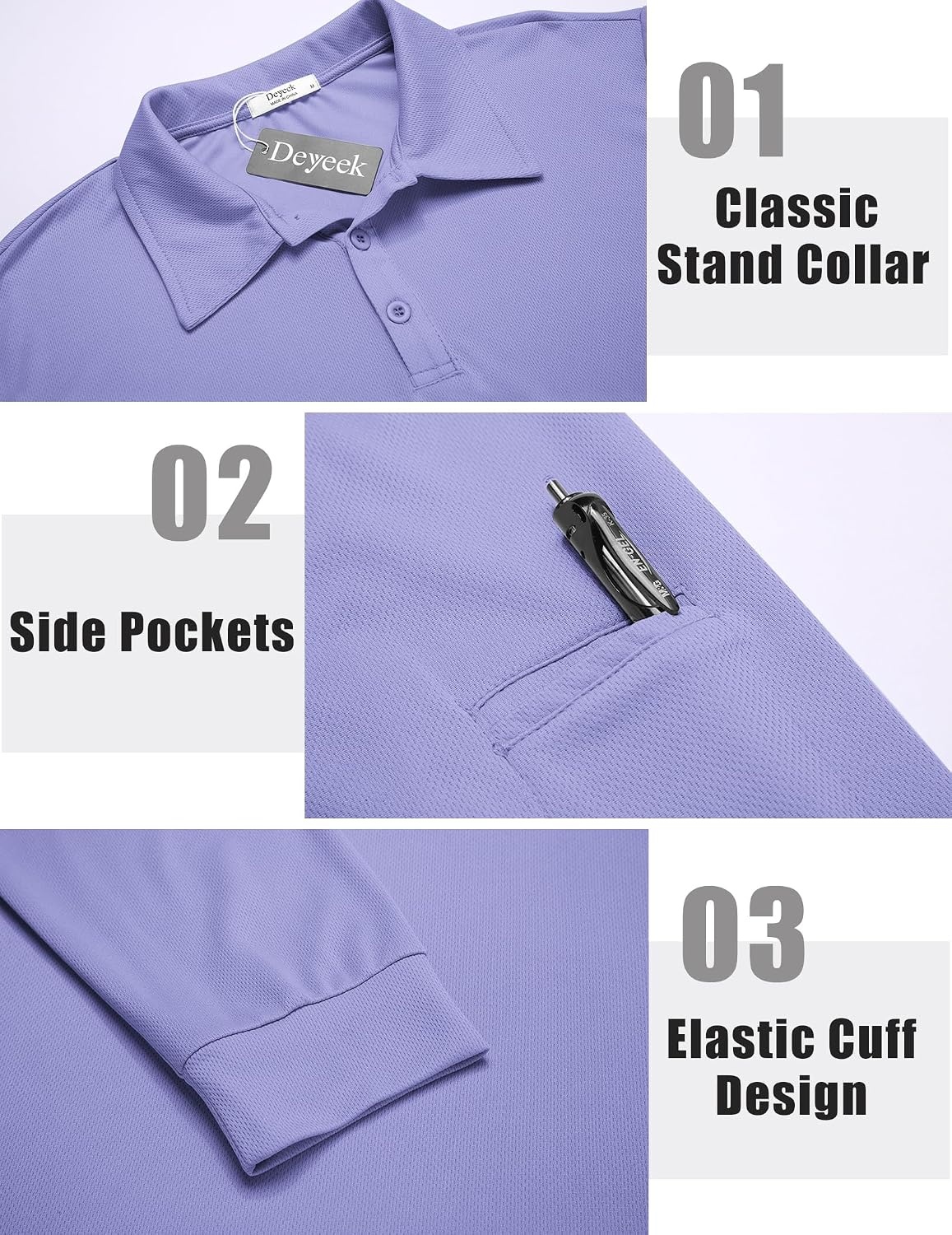 image:imageDeyeek Mens Long Sleeve Polo Shirts Quick Dry Golf Polo for MenPurple