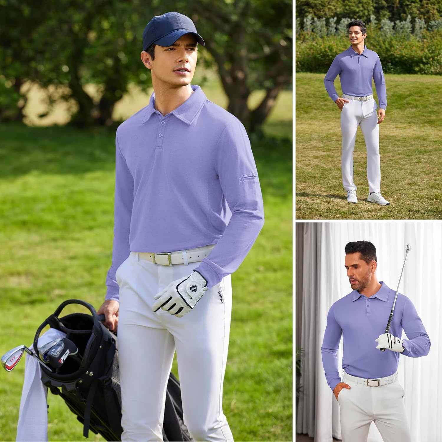 image:imageDeyeek Mens Long Sleeve Polo Shirts Quick Dry Golf Polo for MenPurple
