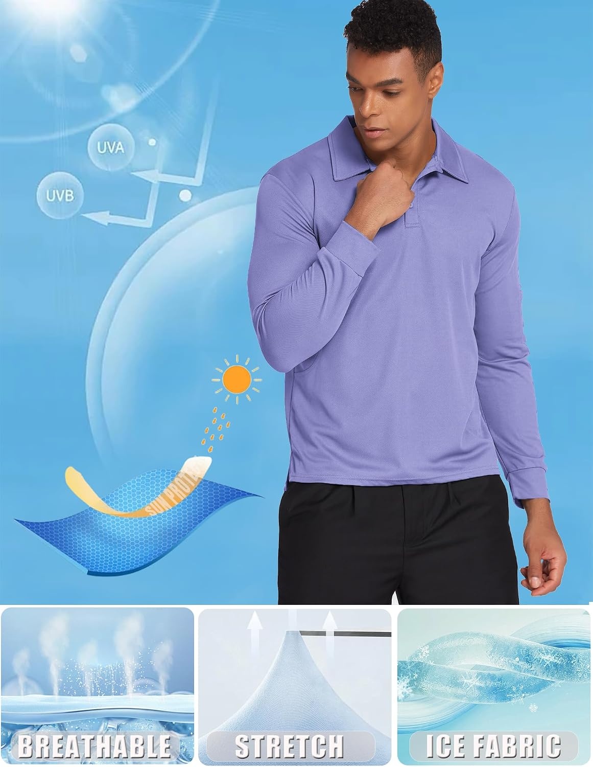 image:imageDeyeek Mens Long Sleeve Polo Shirts Quick Dry Golf Polo for MenPurple
