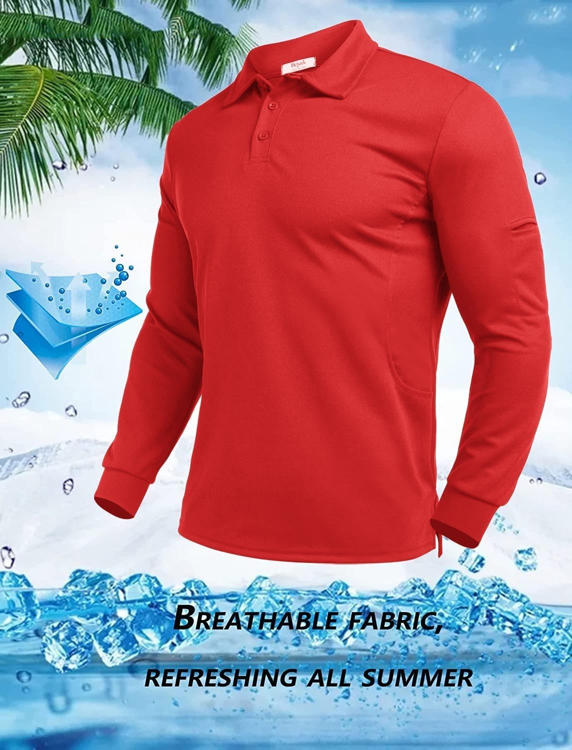 image:imageDeyeek Mens Long Sleeve Polo Shirts Quick Dry Golf Polo for MenRed