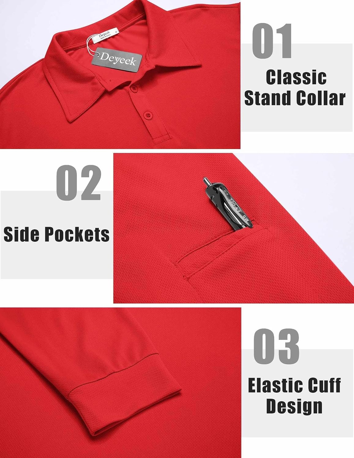 image:imageDeyeek Mens Long Sleeve Polo Shirts Quick Dry Golf Polo for MenRed