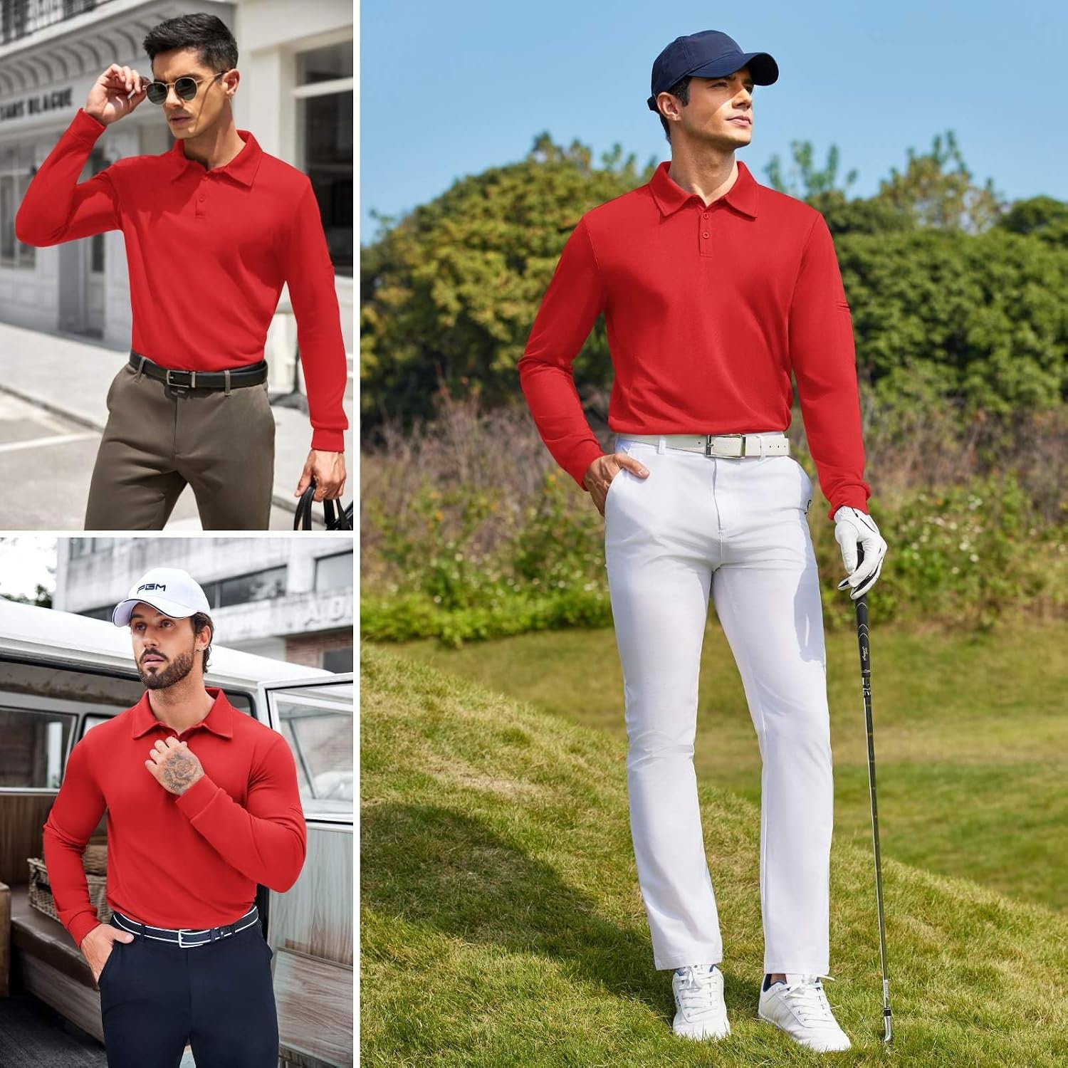image:imageDeyeek Mens Long Sleeve Polo Shirts Quick Dry Golf Polo for MenRed