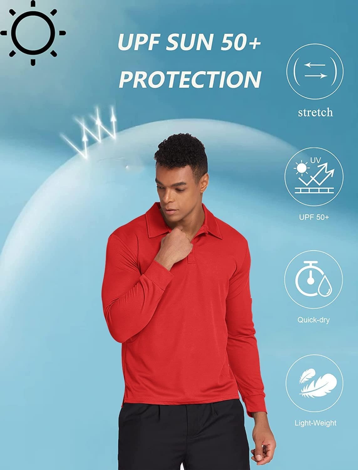 image:imageDeyeek Mens Long Sleeve Polo Shirts Quick Dry Golf Polo for MenRed