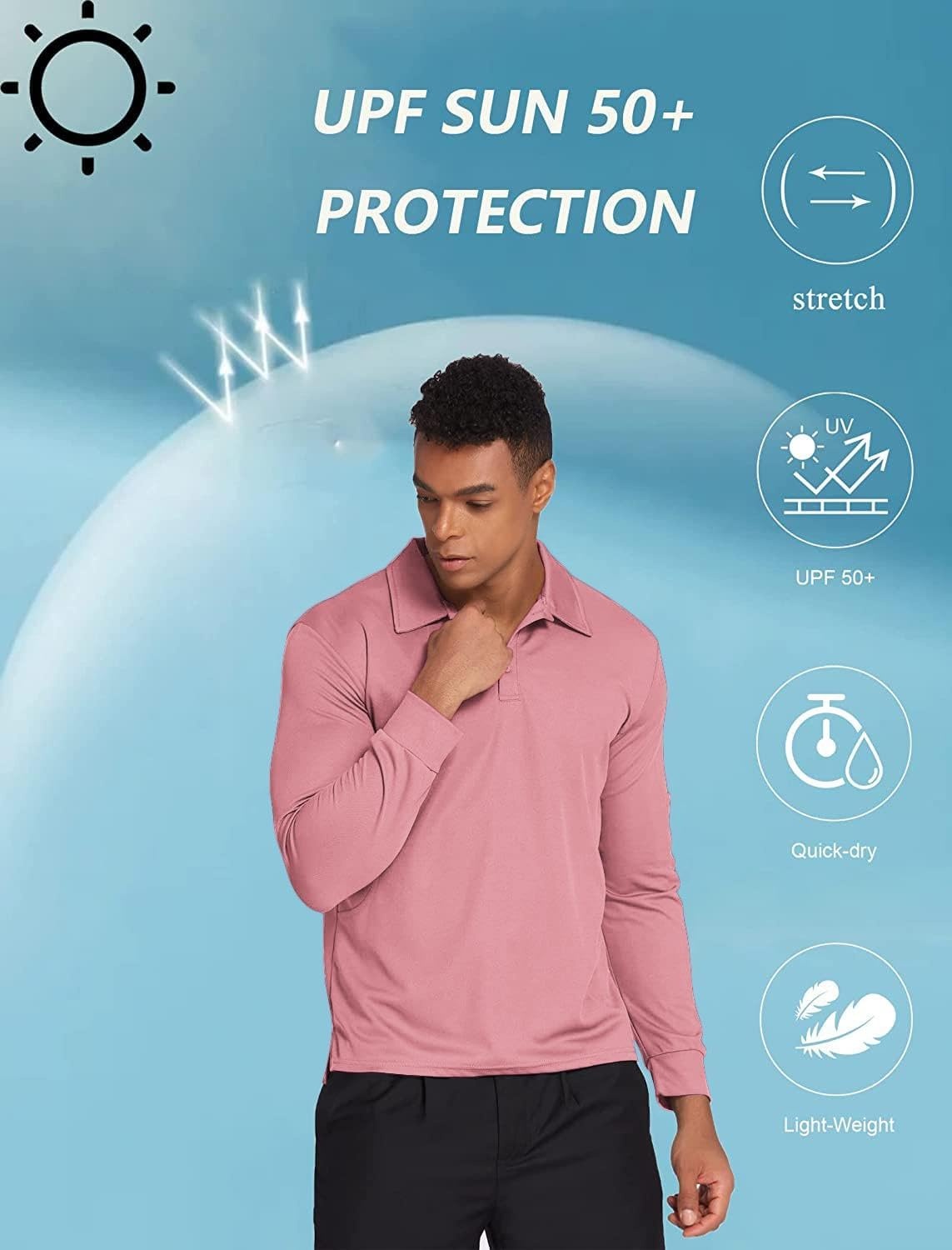 image:imageDeyeek Mens Long Sleeve Polo Shirts Quick Dry Golf Polo for MenRose Pink