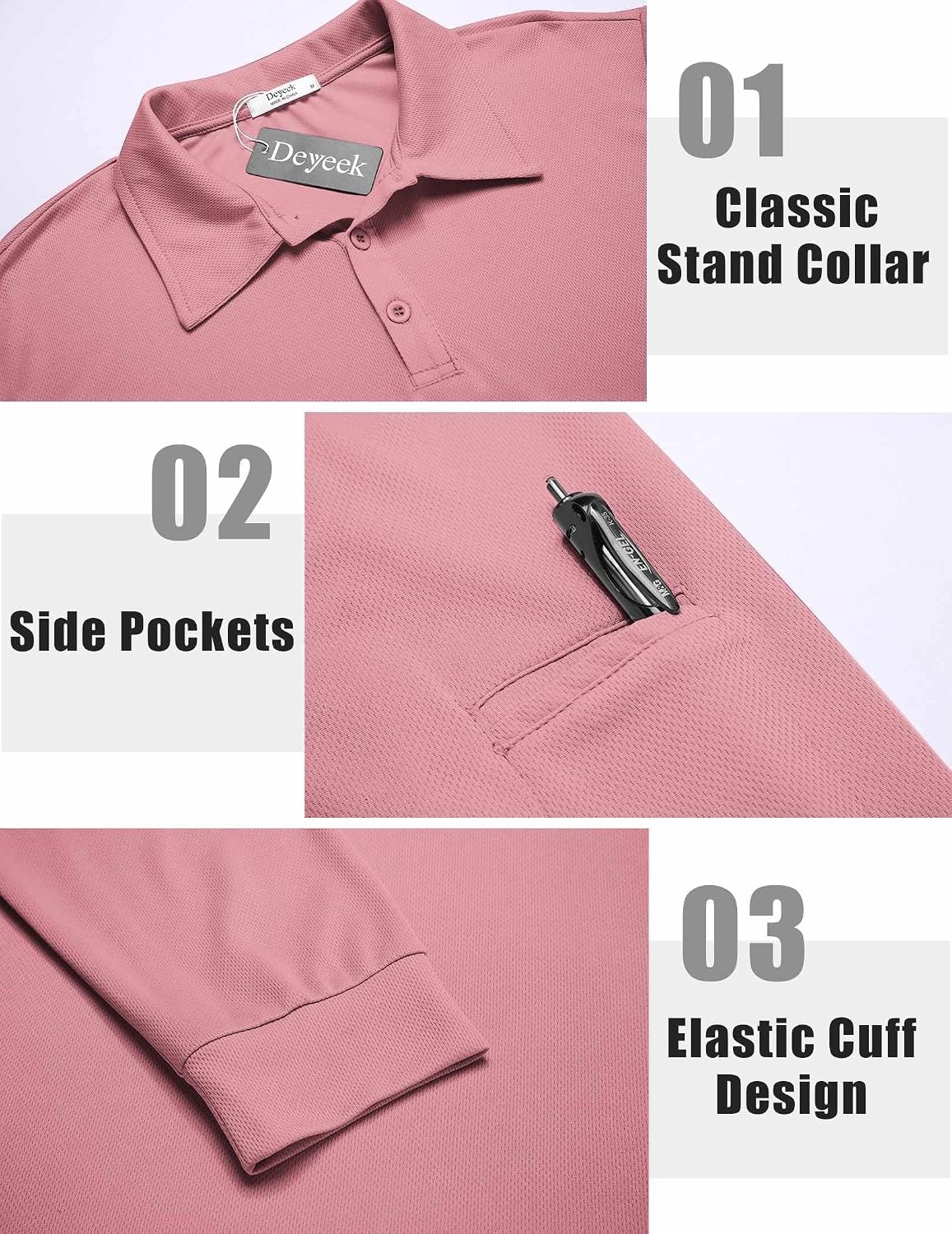 image:imageDeyeek Mens Long Sleeve Polo Shirts Quick Dry Golf Polo for MenRose Pink