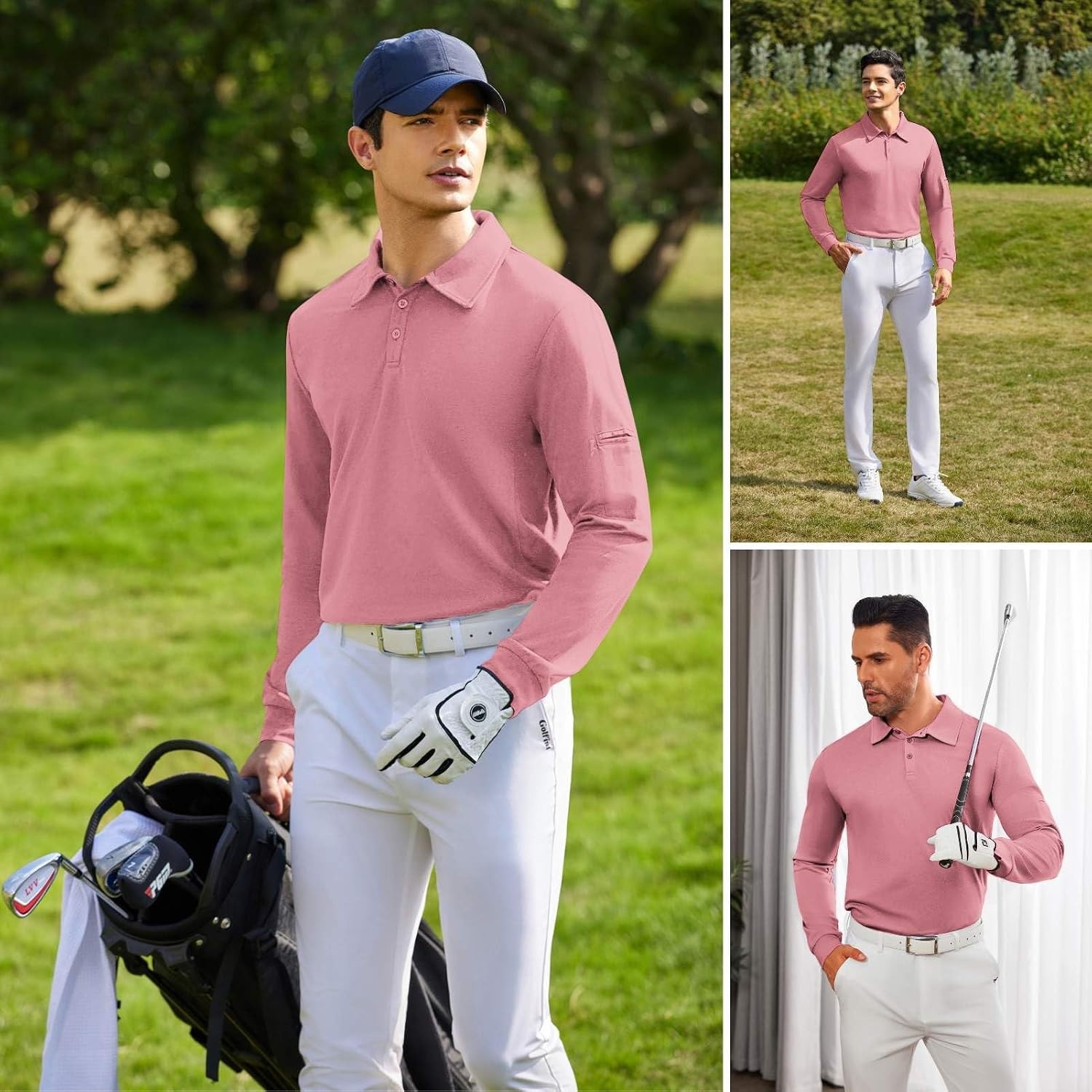 image:imageDeyeek Mens Long Sleeve Polo Shirts Quick Dry Golf Polo for MenRose Pink