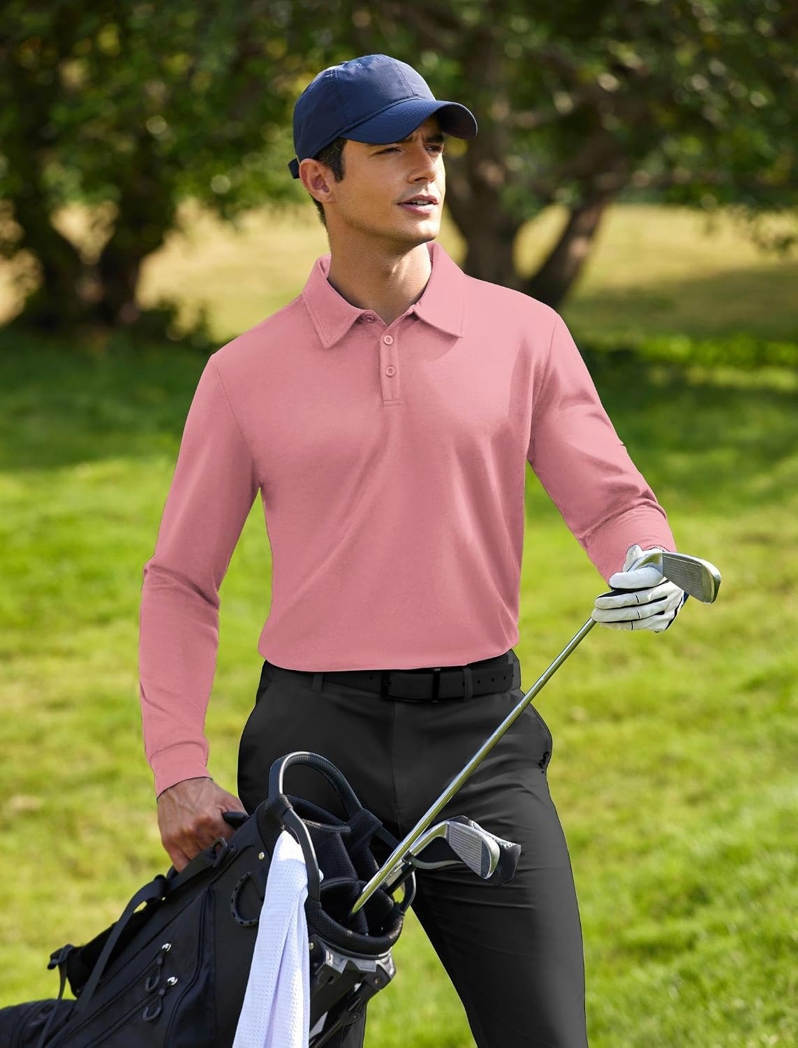 image:imageDeyeek Mens Long Sleeve Polo Shirts Quick Dry Golf Polo for MenRose Pink