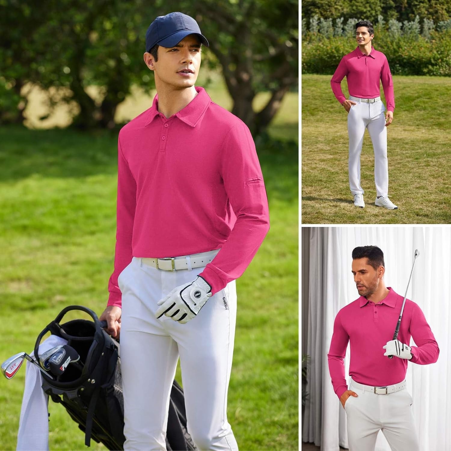 image:imageDeyeek Mens Long Sleeve Polo Shirts Quick Dry Golf Polo for MenRose Red