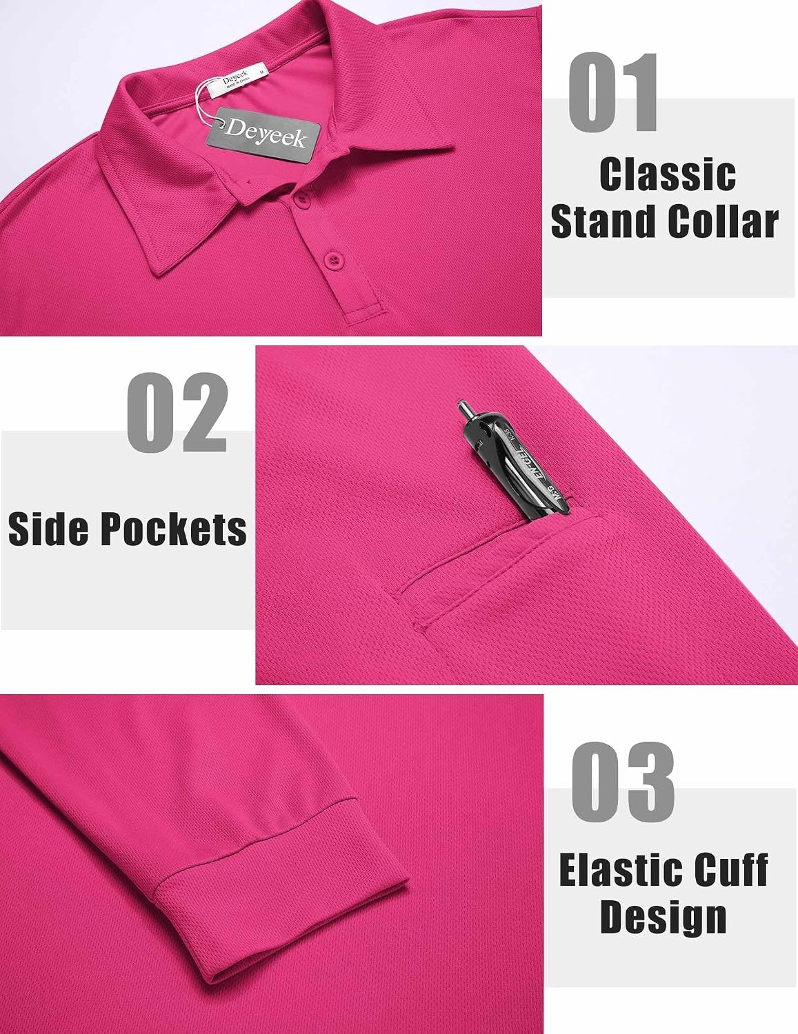 image:imageDeyeek Mens Long Sleeve Polo Shirts Quick Dry Golf Polo for MenRose Red