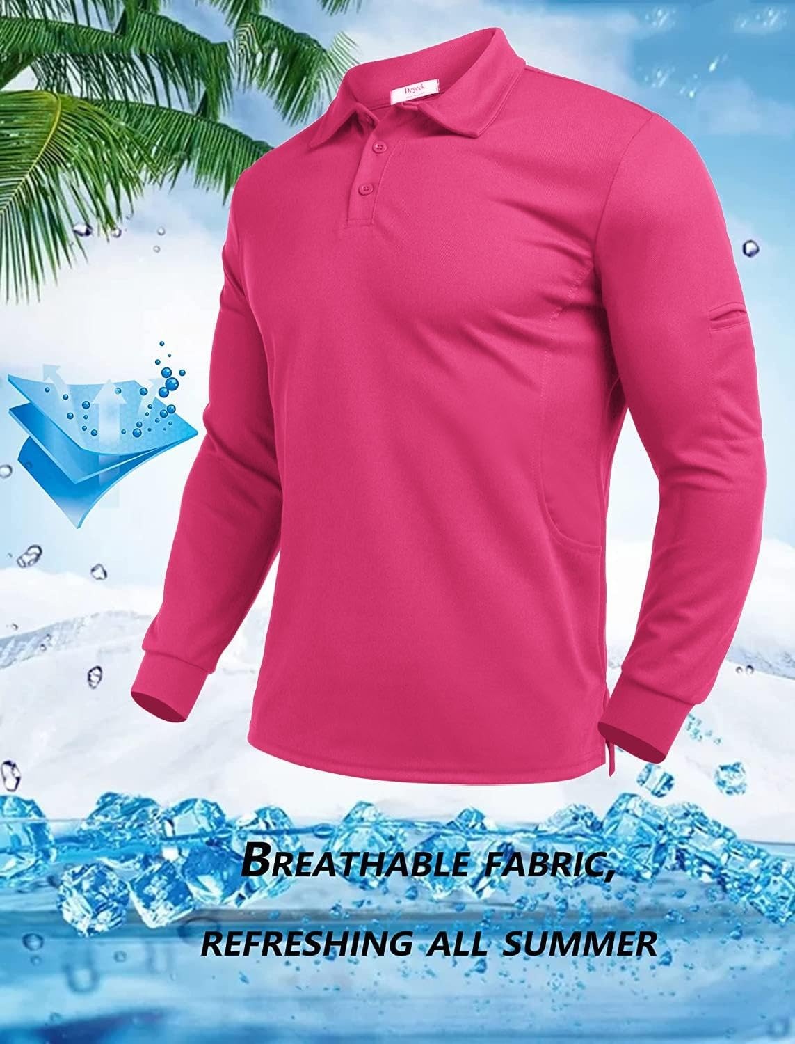 image:imageDeyeek Mens Long Sleeve Polo Shirts Quick Dry Golf Polo for MenRose Red