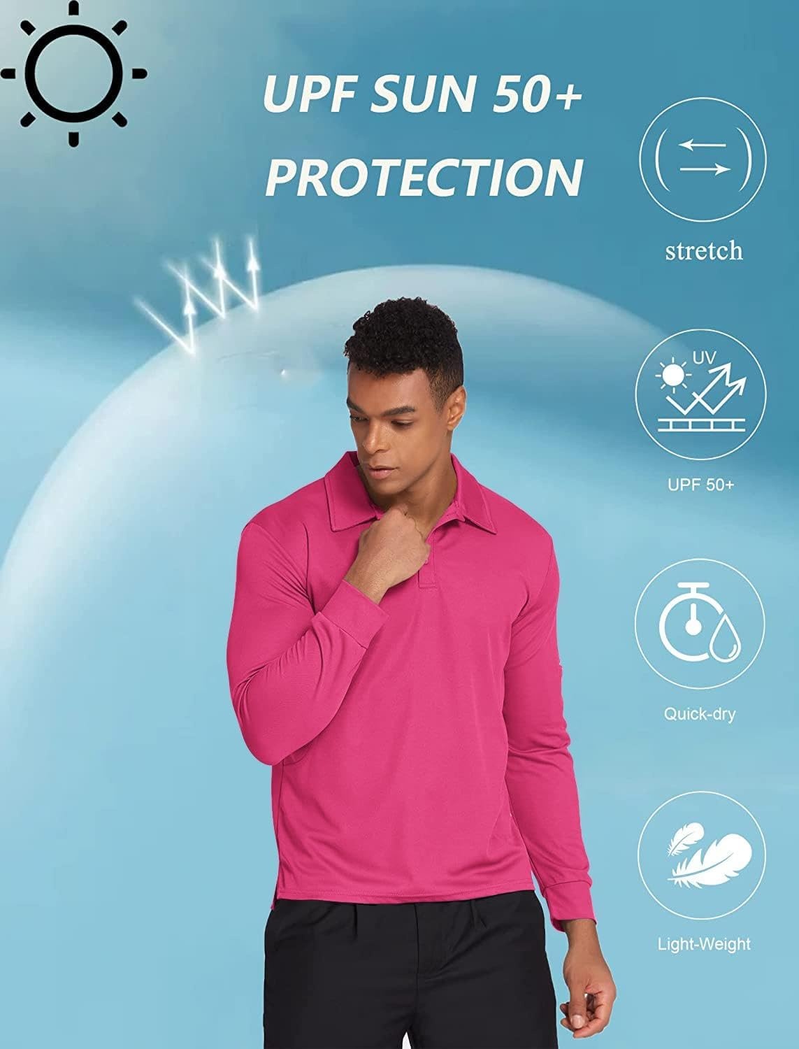 image:imageDeyeek Mens Long Sleeve Polo Shirts Quick Dry Golf Polo for MenRose Red