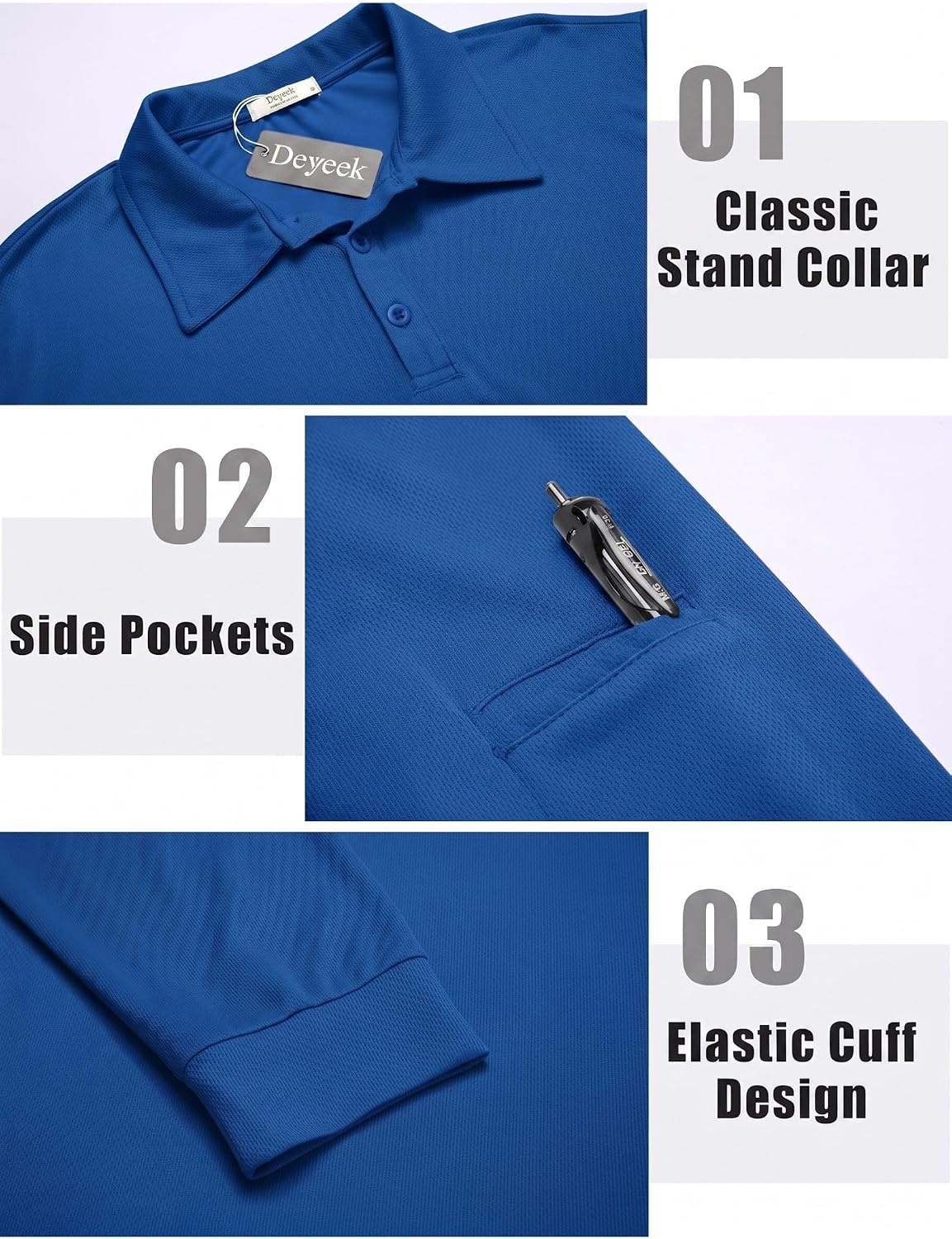 image:imageDeyeek Mens Long Sleeve Polo Shirts Quick Dry Golf Polo for MenRoyal Blue