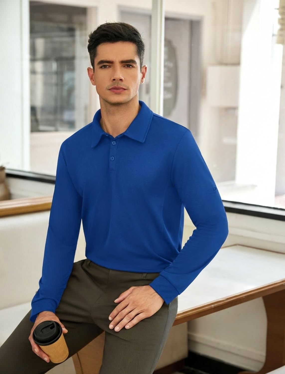 image:imageDeyeek Mens Long Sleeve Polo Shirts Quick Dry Golf Polo for MenRoyal Blue
