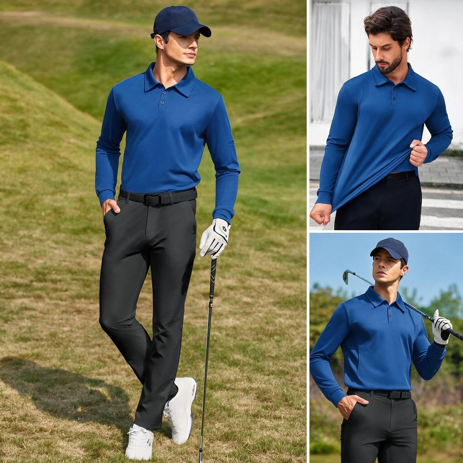 image:imageDeyeek Mens Long Sleeve Polo Shirts Quick Dry Golf Polo for MenRoyal Blue