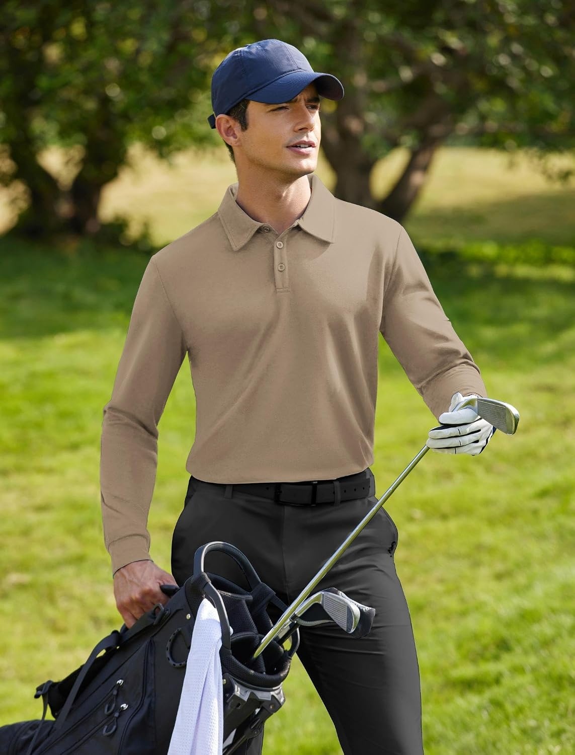 image:imageDeyeek Mens Long Sleeve Polo Shirts Quick Dry Golf Polo for MenSand