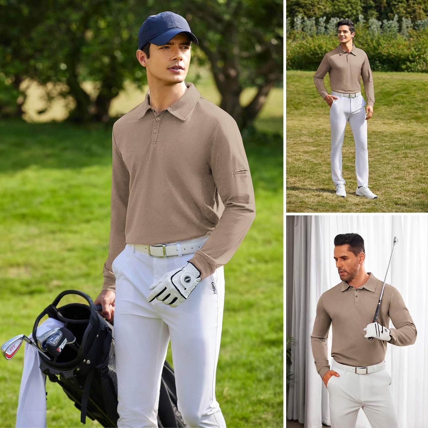 image:imageDeyeek Mens Long Sleeve Polo Shirts Quick Dry Golf Polo for MenSand