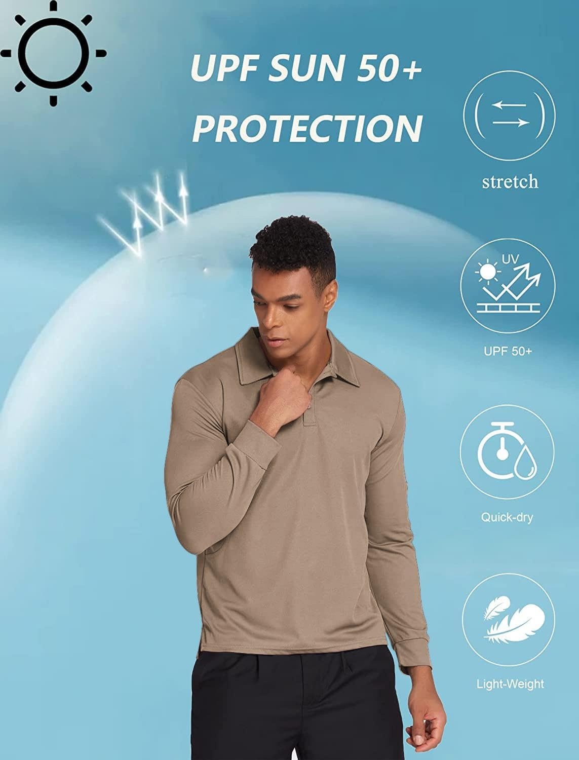 image:imageDeyeek Mens Long Sleeve Polo Shirts Quick Dry Golf Polo for MenSand