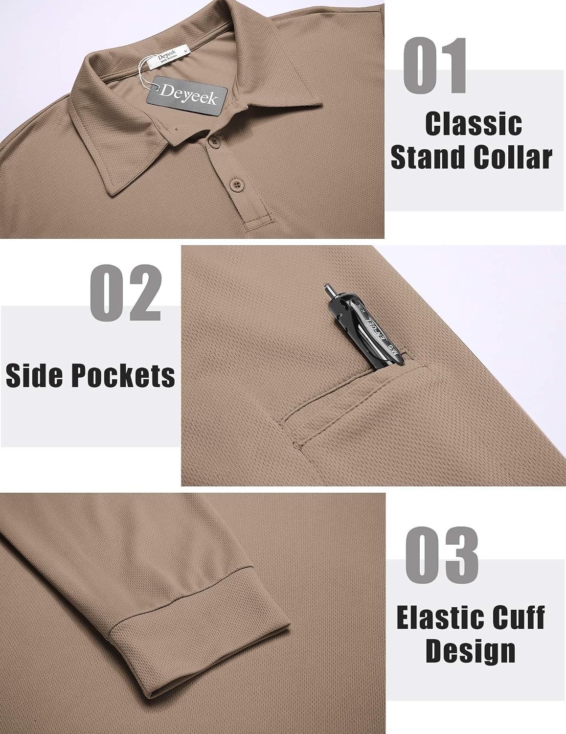 image:imageDeyeek Mens Long Sleeve Polo Shirts Quick Dry Golf Polo for MenSand