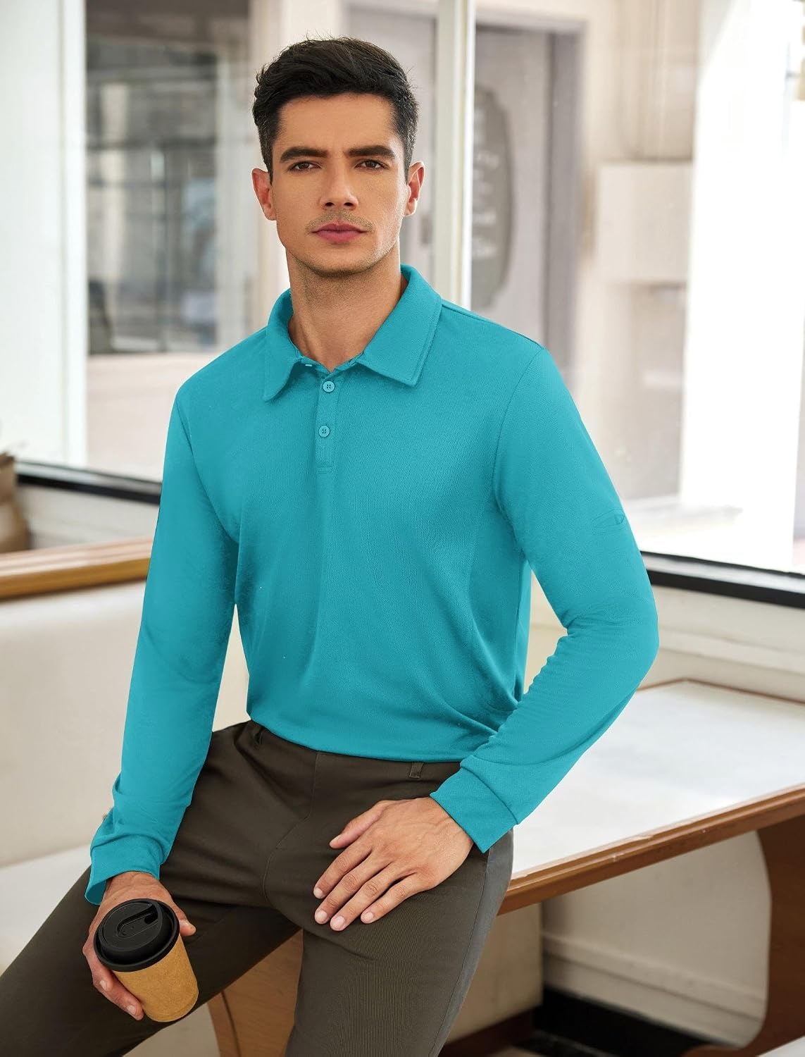 image:imageDeyeek Mens Long Sleeve Polo Shirts Quick Dry Golf Polo for MenTurquoise