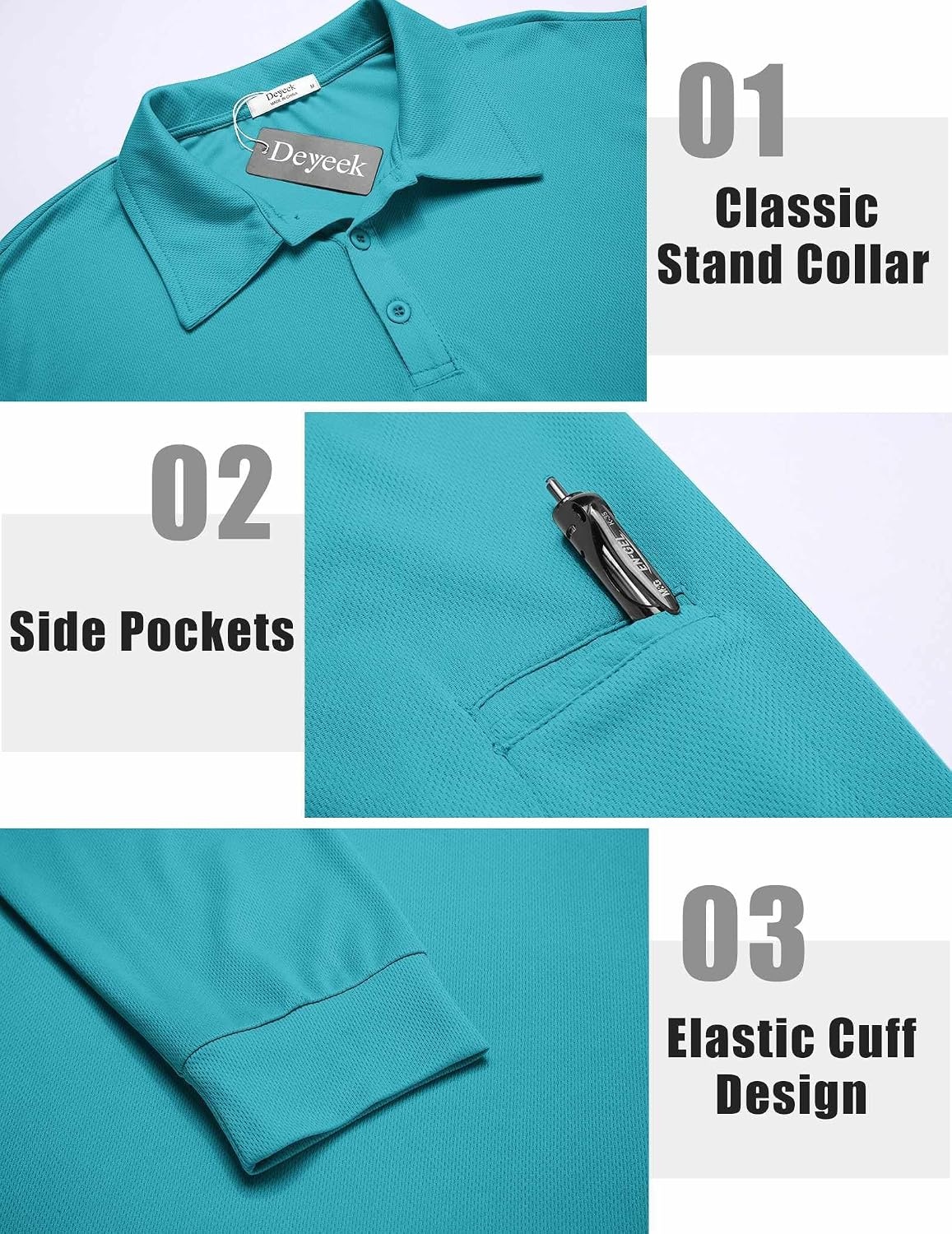 image:imageDeyeek Mens Long Sleeve Polo Shirts Quick Dry Golf Polo for MenTurquoise