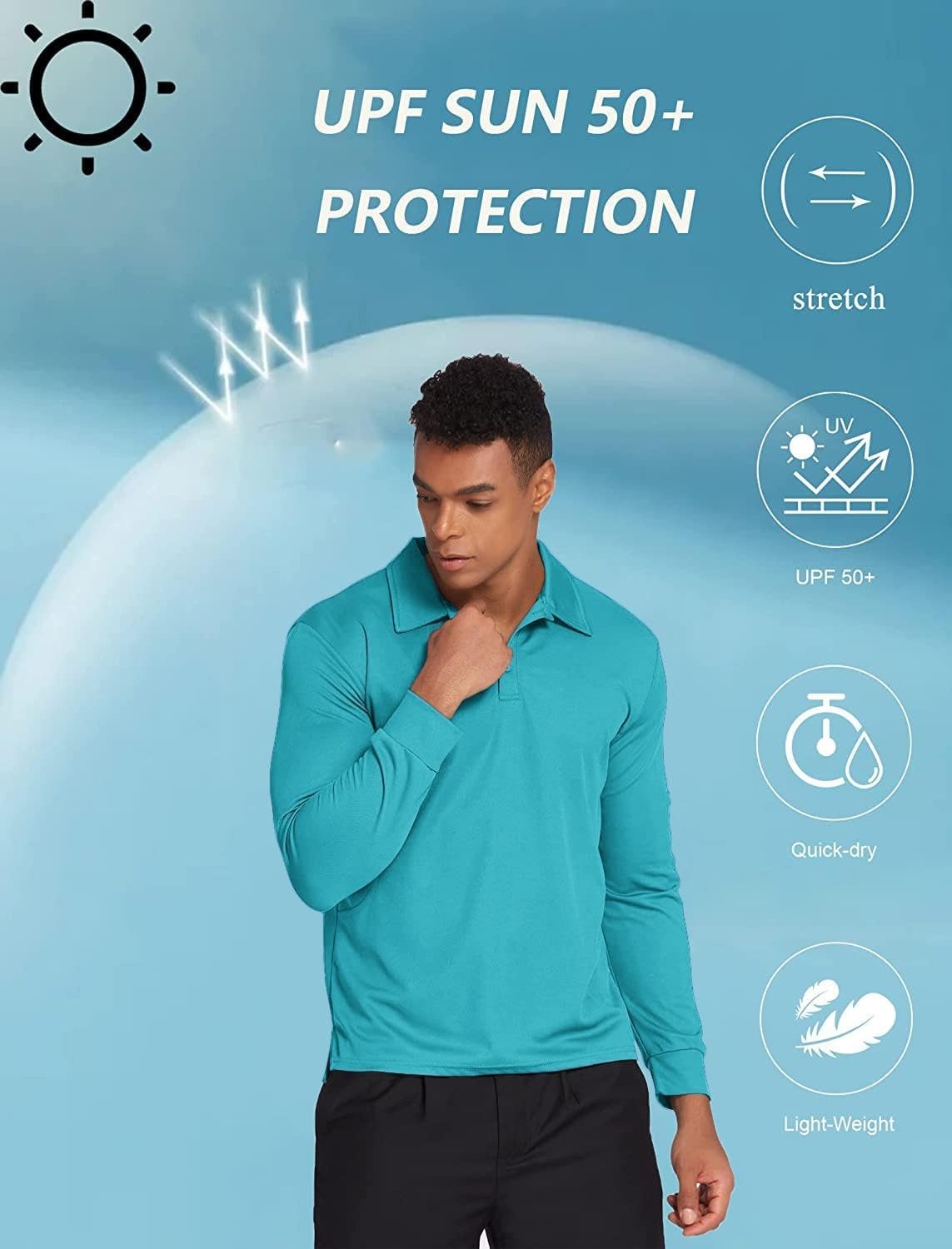 image:imageDeyeek Mens Long Sleeve Polo Shirts Quick Dry Golf Polo for MenTurquoise