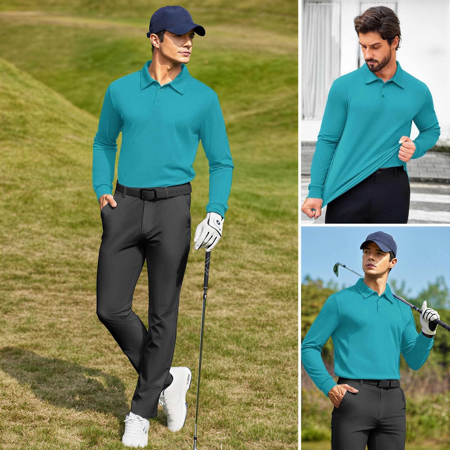 image:imageDeyeek Mens Long Sleeve Polo Shirts Quick Dry Golf Polo for MenTurquoise