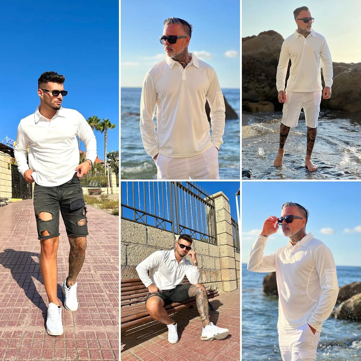 image:imageDeyeek Mens Long Sleeve Polo Shirts Quick Dry Golf Polo for MenWhite