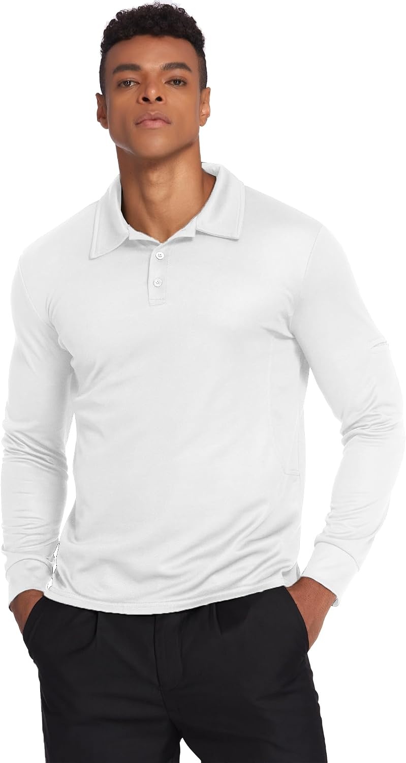 image:imageDeyeek Mens Long Sleeve Polo Shirts Quick Dry Golf Polo for MenWhite