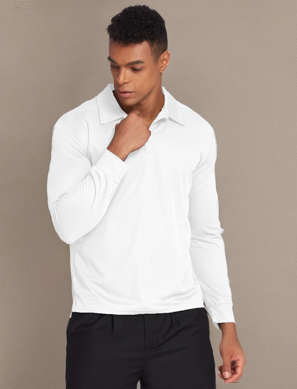 image:imageDeyeek Mens Long Sleeve Polo Shirts Quick Dry Golf Polo for MenWhite
