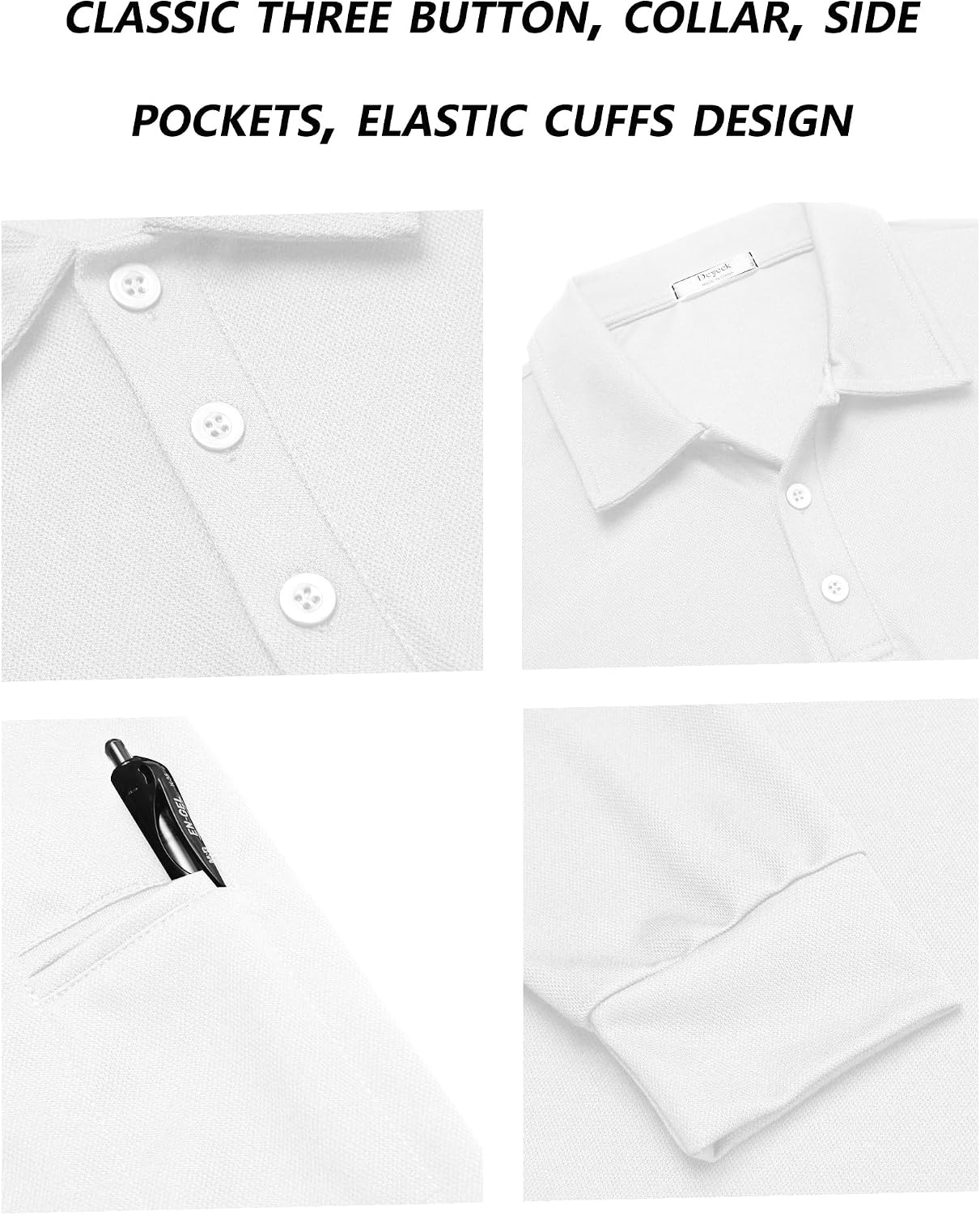 image:imageDeyeek Mens Long Sleeve Polo Shirts Quick Dry Golf Polo for MenWhite