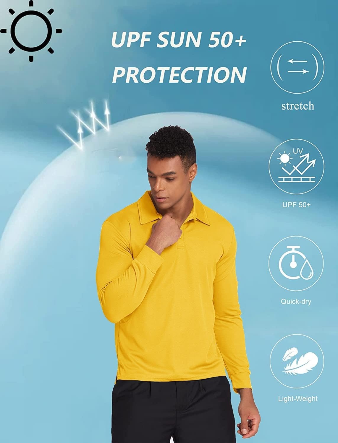 image:imageDeyeek Mens Long Sleeve Polo Shirts Quick Dry Golf Polo for MenYellow